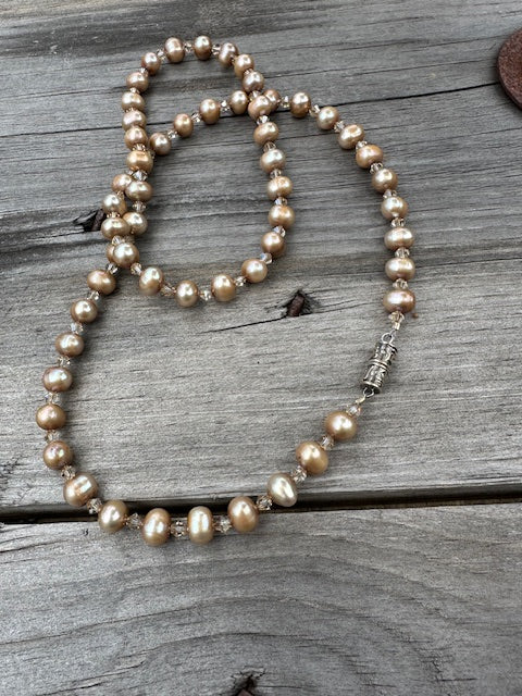 Beige Freshwater Pearls and Swarovski Crystal Necklace