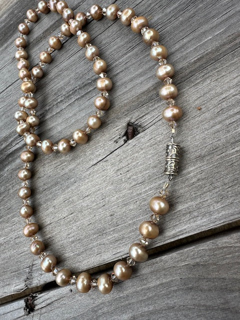 Beige Freshwater Pearls and Swarovski Crystal Necklace