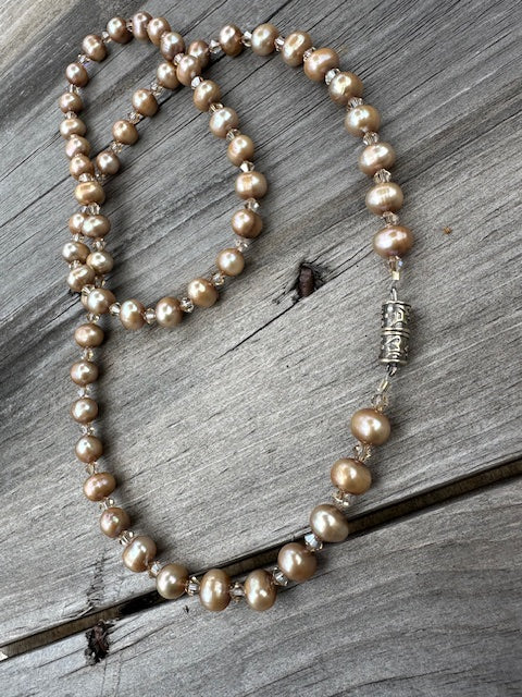 Beige Freshwater Pearls and Swarovski Crystal Necklace