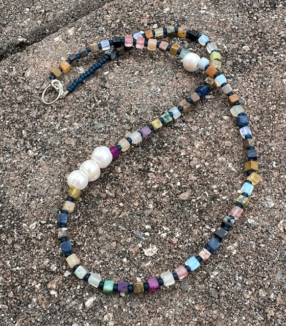 Assorted Semi-precious cube stones with Freshwater Pearl accents