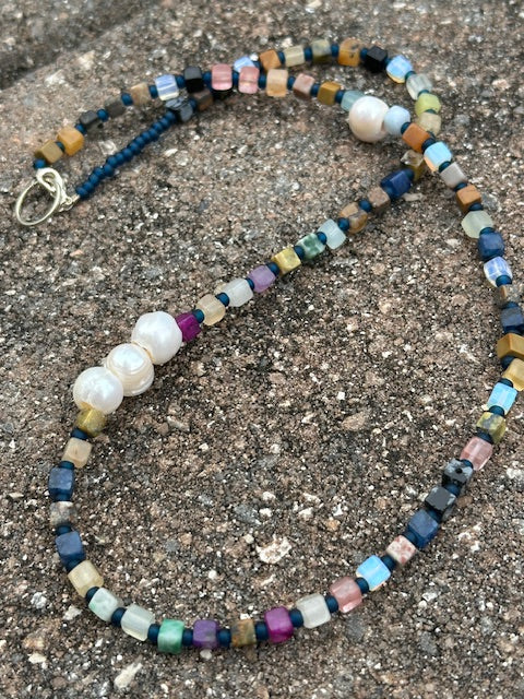Assorted Semi-precious cube stones with Freshwater Pearl accents