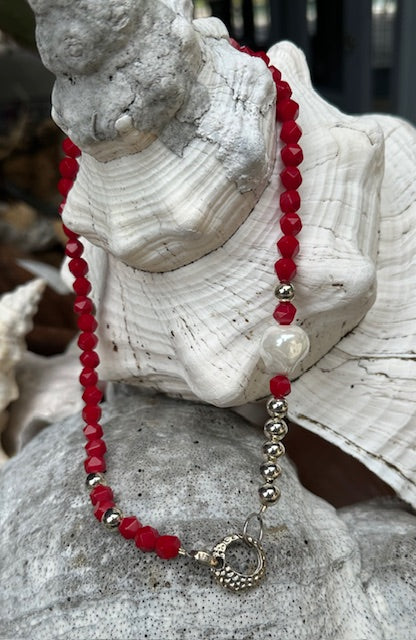 Hexagon twisted cut Coral beads and a Baroque Pearl with Sterling Silver and Stainless-Steel accents