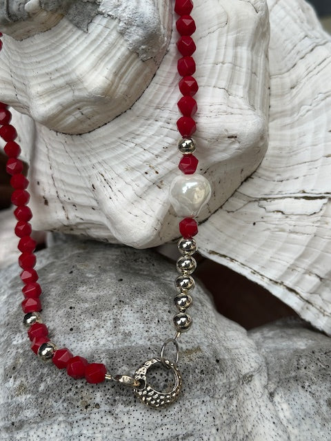 Hexagon twisted cut Coral beads and a Baroque Pearl with Sterling Silver and Stainless-Steel accents