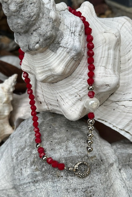 Hexagon twisted cut Coral beads and a Baroque Pearl with Sterling Silver and Stainless-Steel accents