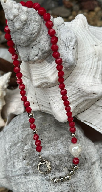 Hexagon twisted cut Coral beads and a Baroque Pearl with Sterling Silver and Stainless-Steel accents