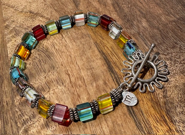 Cane Glass Triangle Beads with Sterling Silver Accents Bracelet
